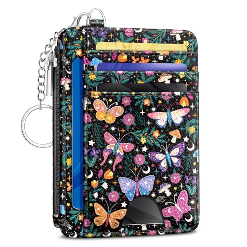 Kelvoris Credit Card Holder Small Wallet Women, Slim RFID, Butterflies | Keychain, Zipper Coin Pocket, Front Pocket Thin Travel Card Case, Minimalist, 6 Card Slots, 1 ID Window, Ladies Gifts Woman - color: Butterfly
