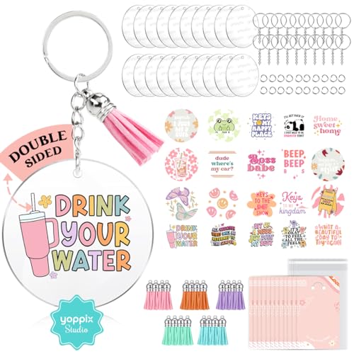 YOPPIX 140 PCS Acrylic Keychain Blank Set, Funny Double-Sided UV DTF Stickers Acrylic Keychain Making Kits for Vinyl DIY Craft Project - color: Funny