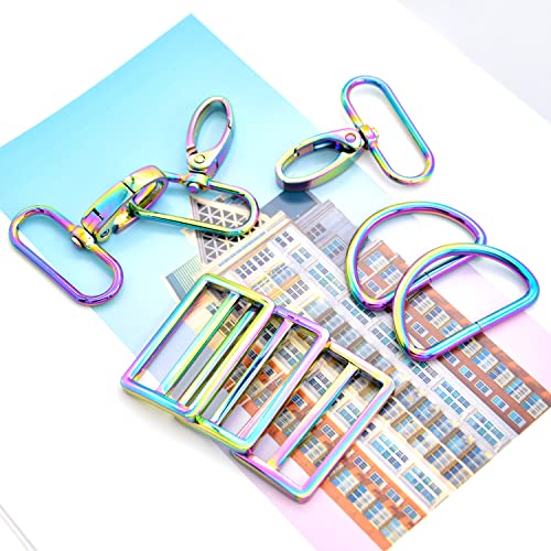 15Pcs Metal Swivel Snaps Hooks with D Rings & Tri-Glide Slide Buckles for Purse Bag Straps DIY Sewing Hardware Kit (1-1/2 inch, Rainbow) - color: Rainbow, size: 1-1/2 inch