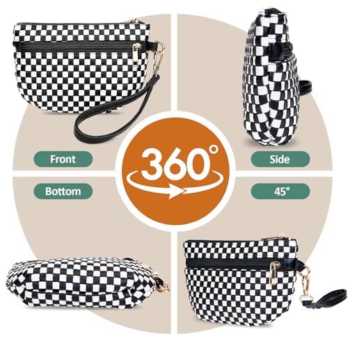Woven Wristlet Bag for Women Checkered Crescent Pouch Wallet Small Purse - color: Black