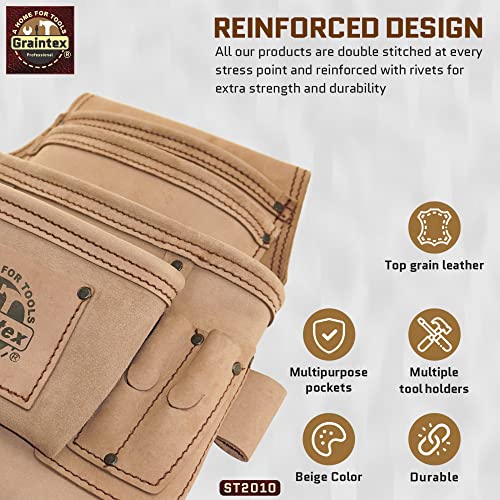 Graintex ST2010 10 Pocket Nail & Tool Pouch Top Grain Leather for Framers, Constructors, Electricians, Plumbers, Handyman