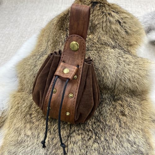 Medieval Faux Leather Drawstring Pouch Vintage Rivets Belt Pouch Coin Purse Dice Bag For LARP Ren Faire (Brown A) - color: Brown A