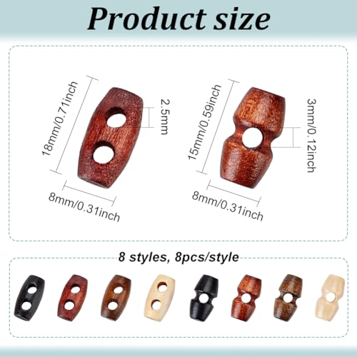 FINGERINSPIRE 64Pcs 1 Hole & 2 Hole Mini Wooden Toggle Buttons 18mm/15mm Tiny Sewing Horn Toggle Buttons 4 Colors Micro Olive Shape Sewing Buttons Small Bowling Sewing Buttons for DIY Sewing Crafts - color: Horn Toggle Buttons