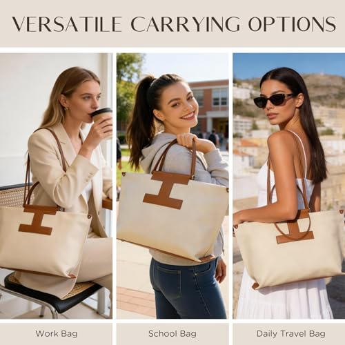 CHUNLI 15.6" Laptop Tote for Women - Lightweight Canvas-Textured Leather Work Bag, Structured Business Briefcase, Teacher - color: Beige & Brown