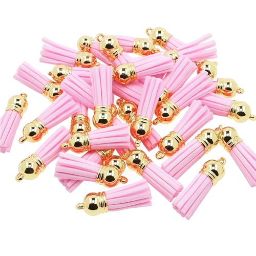 Mandala Crafts Gold Cap Light Pink Faux Suede Leather Tassels, 100 PCs - color: Gold Cap Light Pink Suede