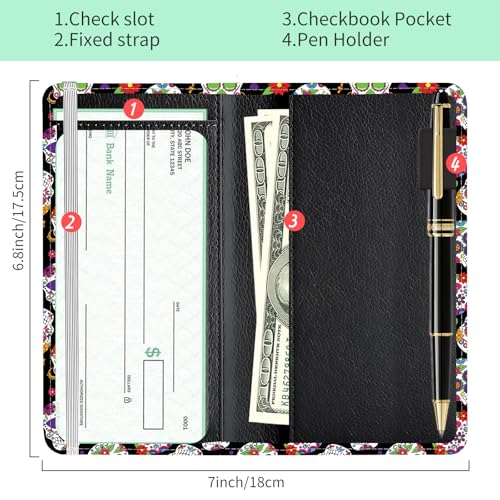 Checkbook Cover for Personal Checkbook, Cute PU Leather Check Book for Women & Men, Slim Checkbook Holder with Pen Holder and Built-in Clear Plastic Divider Sugar Floral Skull - color: Sugar Floral Skull