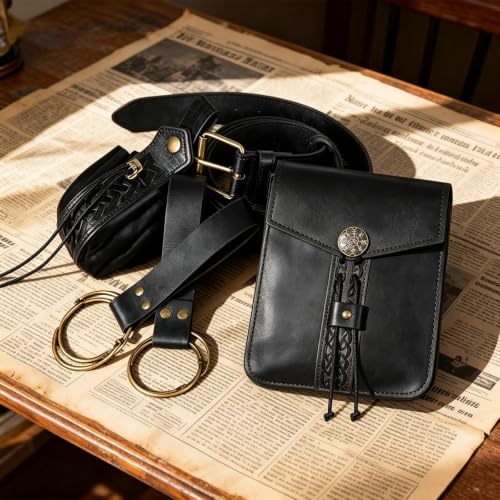 Renaissance Belt Pouch Medieval Pirate Costume Accessories Set for Cosplay | Viking Faux Leather Waist Bag, Skirt Hike Clips, Perfect for Women and Men Ren Faire, LARP, Fantasy, Halloween - color: Black-C