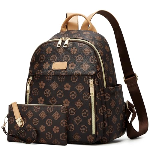 Makes Mini Backpack for Women, Small Casual Backpacks Daily Travel Bag 2pcs | Small Bookbag,Work Travel School PU Leather Shoulder Bag Mochilas Para Mujer Rucksack Gifts for Lady Girls Mother Wife - color: Coffee Flower