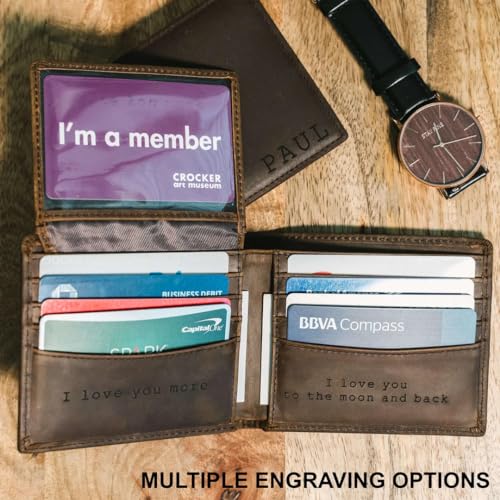 STAY FINE Personalized Wallet for Men, Custom Engraved Leather RFID Blocking Bifold, 2 ID Windows, 8 Card Slots, Gift for Him, Brown - color: Brown Engraved