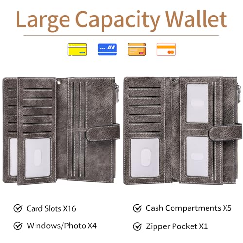 XINNSTAR Womens Wallet RFID Blocking Large Capacity Credit Card Holder Long Purses for Women with Wristlet Pocket ID Window - color: Gray