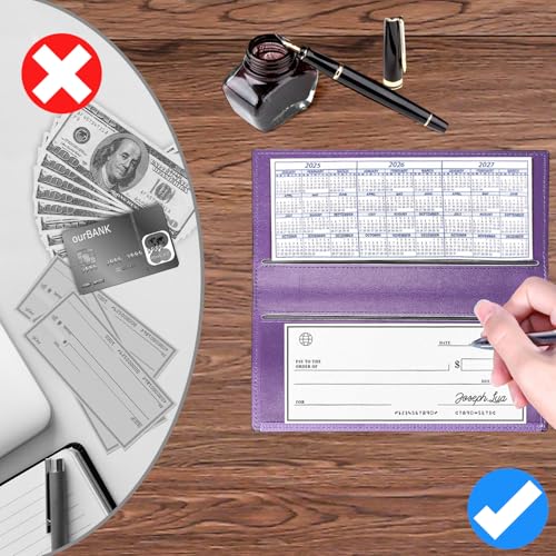 CASMONAL Checkbook Cover for Personal, Check Book Holder for Women & Men | PU Leather with Pen Holder, Transparent PVC Divider for Duplicate Checks - color: Lavender
