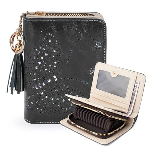 KITEVIUN Women RFID Blocking Small Bifold Wallet, Compact Cash Clutch with Zipper Coin Pocket, Glittery Butterfly Design, Credit Card Holder, Travel Purse with Tassel BLACK - color: 03-BLACK