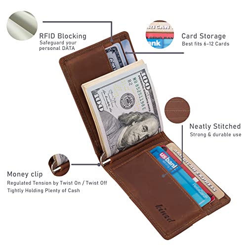 Slim Wallet with Money Clip RFID Blocking Minimalist Bifold Wallet for Men Genuine Leather Front Pocket Card Holder - color: AS260 - Khaki (Finger Groove)