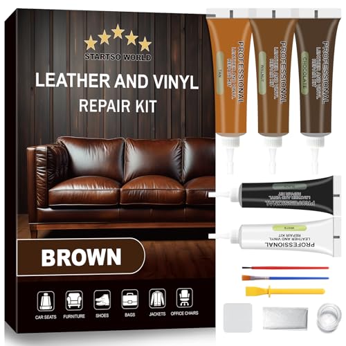 STARTSO WORLD Brown Leather & Vinyl Repair Kit for Furniture, Couches, Car Seats, Sofas, Boat Seats, Jackets with Easy Instructions, Repair Scratches, Tears, and Holes in Pleather, Genuine Leather - color: Brown