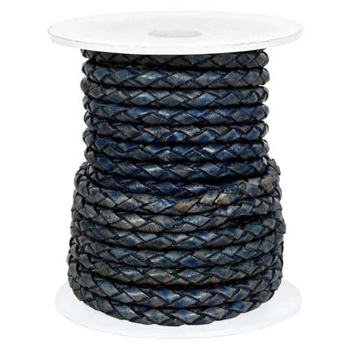 GENIQUE Real/Genuine Round Braided Leather Cord String Rope Folded, Leather Rope for Crafts, Jewelry Making, Necklace, Bracelets (Blue Distress, 3mm) - color: Blue Distress, size: 3mm