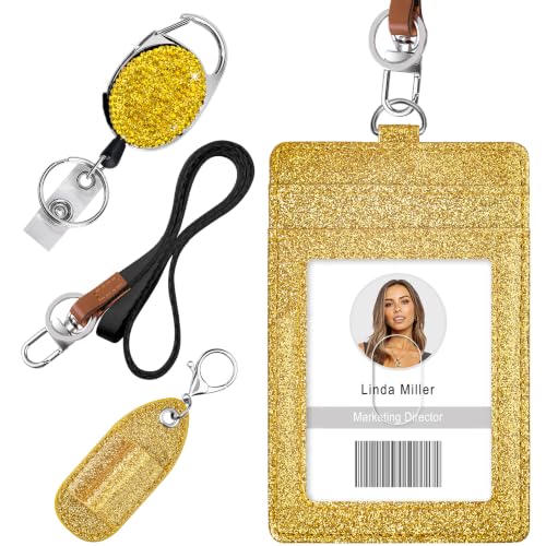 Retractable ID Badge Holder with Lanyard, Belt Clip Key Ring, Pen Holder - color: Gold