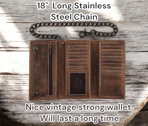 F&L CLASSIC RFID Blocking Mens Tri-fold Long Style Cowhide Leather Steel Chain Wallet,brown flag,212-100 - color: brown with flag