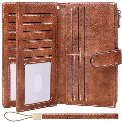 XINNSTAR Womens Wallet RFID Blocking Large Capacity Credit Card Holder Long Purses for Women with Wristlet Pocket ID Window - color: Brown