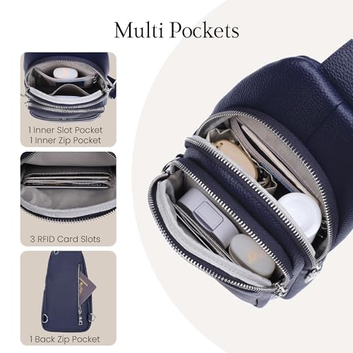 befen Genuine Leather Sling Bag for Women Anti-Theft Crossbody Chest Bags Fanny Packs for Travel with RFID Card Slots | Real Leather, Anti Theft, RFID Blocking, 3 Card Slots, Anti Pocket Bag, Multi Pockets, Travel Purse - color: Navy Blue