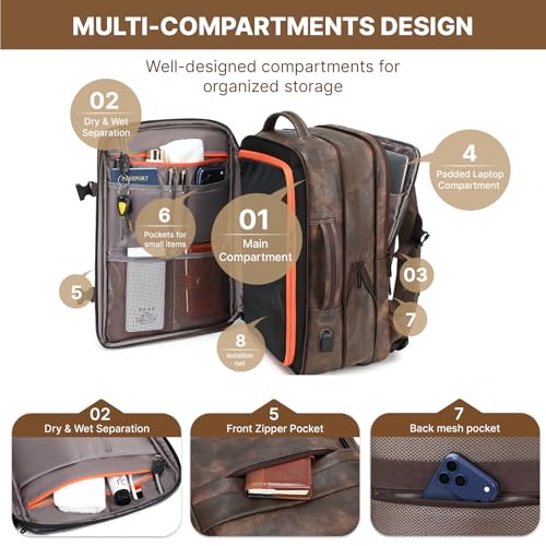 Travel Backpack for Men Women, Carry On Backpack Flight Approved, Coffee | PU Leather, 40L, Expandable, Laptop Compartment, Personal Item Travel Bag, for Traveling Weekender Business - color: Coffee