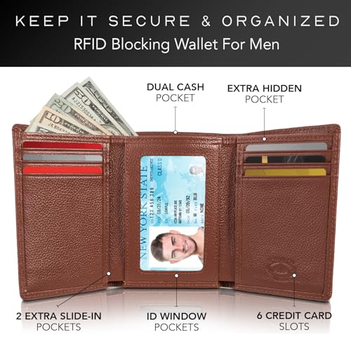 Stealth Mode Trifold Leather Wallet for Men with RFID Blocking | Brown Pebble Top Grain Napa Leather, 9 Card Slots, ID Window, Gift Box – Gift for Dad, Husband, or Son - color: Brown Pebble