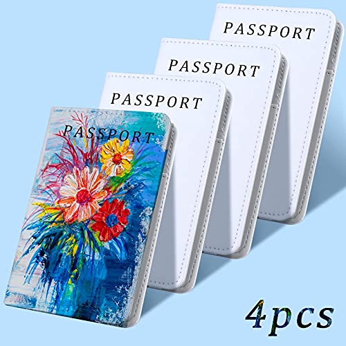 4 Pack Blank Sublimation Passport Holders PU Leather RFID Blocking Passport Covers with 3 Card Slots Boarding Pass Pocket Secure Snap Closure Unisex Travel Wallet for Men Women DIY Custom Gift