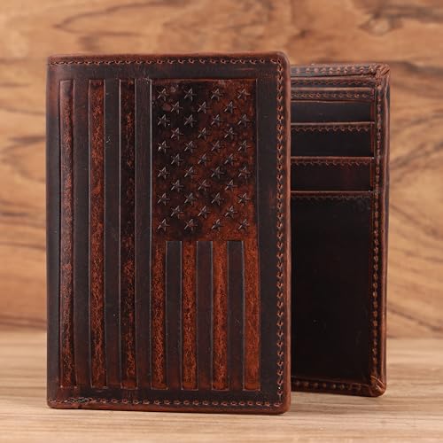 Trifold Wallet for Men, Full Grain Cowhide Leather, RFID Blocking, Gifts for Men (Brown with US Flag) - style: Brown With Us Flag