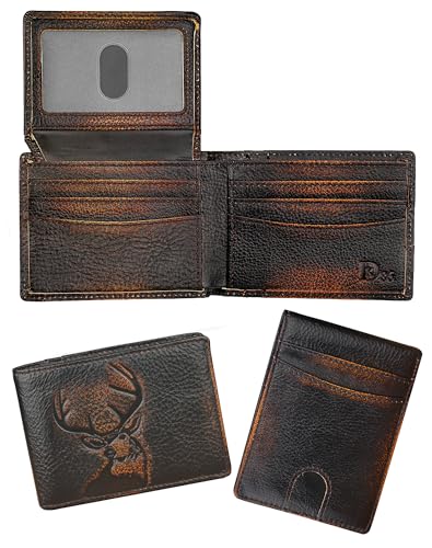 DK86 Wallet for Men Slim Rfid Bifold Genuine Leather 2 ID Window With Gift Box (black brown with deer) - color: black brown with deer