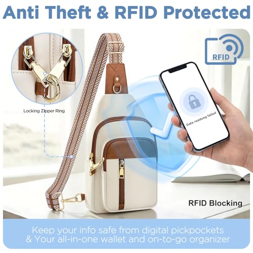 Anti Theft Crossbody Bags for Women RFID Sling Purse Travel | Crossbody Travel Purse: 4 RFID Slots, 6 Pockets Fit 7.9" Tablet, 7L Reversible Design, Hands-Free, Travel, Work & Gift Ready - color: Beige Brown