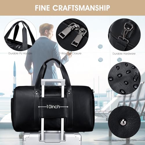 3PCS Faux Leather Weekender Bag for Women Men Travel Bag Overnight Bags | Leather Travel Duffel Bags for Traveling with Shoe Compartment Toiletry Packing Cube Carry On Tote Bag Men Fit 21.5" Laptop - color: Black