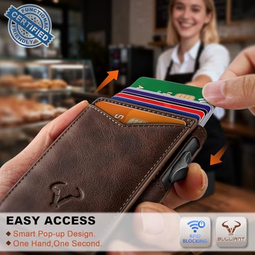 BULLIANT Men Slim Magnetic Leather Wallet Metal Case Money Clip 9 Cards | RFID Blocking | Easy Pop-up Access | Gift Boxed - color: Forest Brown-4337