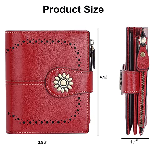 Womens Leather Wallet Small Compact RFID Blocking Credit Card Case Purse with Zipper Pocket | Small - color: Dark Red