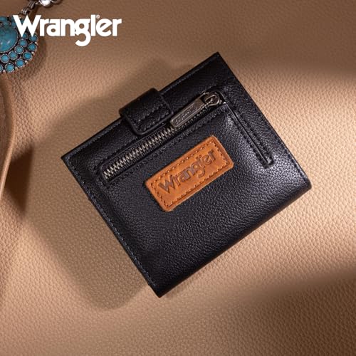 Montana West X Wrangler Small Black Wallet for Woman Ladies Girls Slim Thin Bifold Card Cases & Money Organizers RFID Lining and Zipper Coin Pocket - color: Black