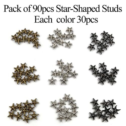 Honigo 90pcs Star-Shaped Studs Rivets Mixed Color Metal Solid Brass 10mm 5 Prongs Spikes Spots for Leather Craft Clothes Belt Bag Shoes Decorations Totes DIY Craft Gun Silver Bronze - color: Gun Silver Bronze, size: Gun Silver Bronze 10MM