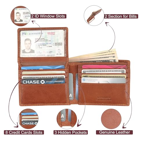 Mens Genuine Leather Flip ID Wallet RFID Blocking 8 Credit Card Slots 2 ID Windows 2 Sections for Bills 3 Hidden Pockets | Tan - color: Tan, size: 8 Card + 2 ID