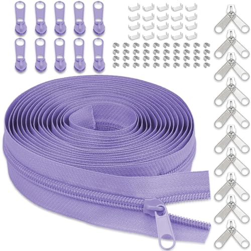#5 Nylon Zipper Tape for Sewing: YZSFIRM 10 Yards Purple by The Yard Nylon Coil Zippers for DIY Sewing Craft with 10 Bulk Metal Zipper Slider and 10 Double Slider - color: 166 Purple, size: #5 Zipper