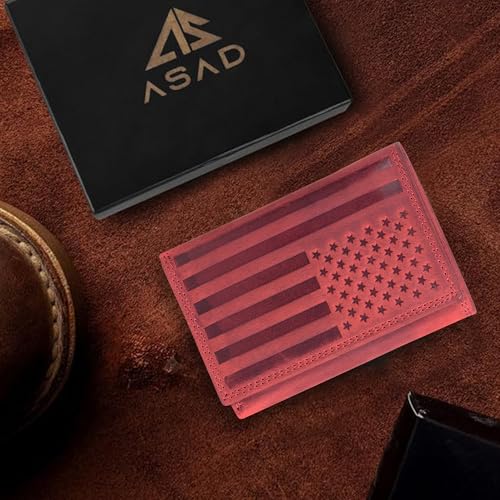 ASAD Leather Slim Everyday Trifold Wallet with ID Window and Multiple Card Slots | Genuine Leather Double Stitched RFID Blocking Stylish | Gift for Him | Bordo Crazy Horse American Flag Design - color: Bordo Crazy Horse American Flag Design