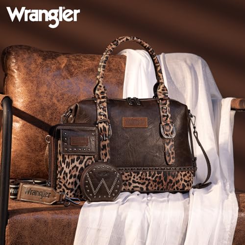 Wrangler 3Pcs Doctor Bag Sets for Women Top-handle Satchel Bag with Cell Phone Handbag and Coin Purse - color: Coffee Leopard
