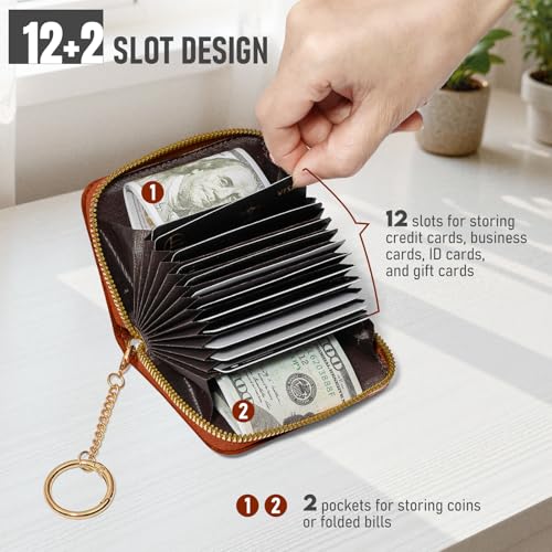 credit card holder for women，Embossed leather Rfid wallet women， KeyChain Wallet - color: Brown