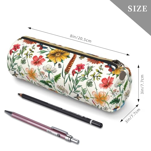OSAM SPACE Leather Pencil Case Round Pencil Bag Flowers Dragonflies Butterfly Pen Organizer Holder Portable Zipper Pouch Cute School Supplies for Girls Boys Study Office - color: Flowers Dragonflies Butterfly