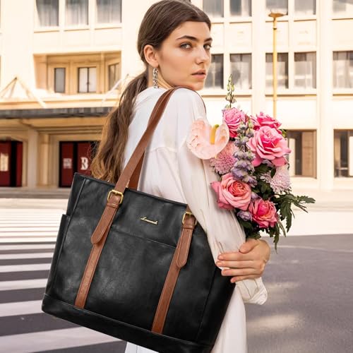 LOVEVOOK Laptop Tote Bag for Women,Leather Work Computer Briefcase Bag | Large Cup Holder,17.3 Inch Work Tote,Professional Briefcase,Teacher Commuter Shoulder Bag,Office,Travel,Gift - color: Black With Brown, size: 17.3 Inch