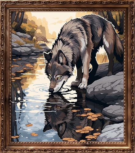 Leczany Cross Stitch Kits 11CT Stamped Full Range of Embroidery Starter Kit for Beginners pre-Printed Canvas Pattern | Wolves Drink Water 14.2×16.5 inches - color: 11CT Stamped kits,Wolves Drink Water 14.2×16.5 inches