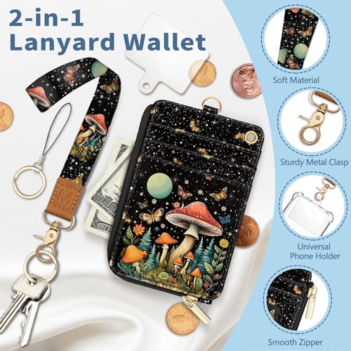 Lanyard Wallet with Id Badge Holder Keychain Card Women Mushroom - color: Mushroom Black