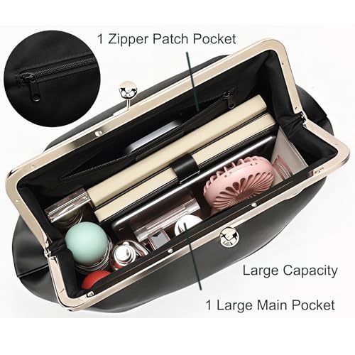 Kiss Lock Frame Handbag, PU Leather Shoulder Tote Bag Messenger Hobo Clutch Purse for Women Formal Work Leisure - color: Pure Coffee