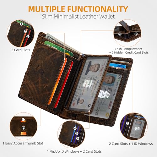 GSOIAX Wallet for Men Slim Top Grain Leather Wallet with 13 Card Slots & 1 Bill Compartment - RFID Blocking Thin Bifold Front Pocket Credit Card Holder (Dark-brown) - color: Dark-brown