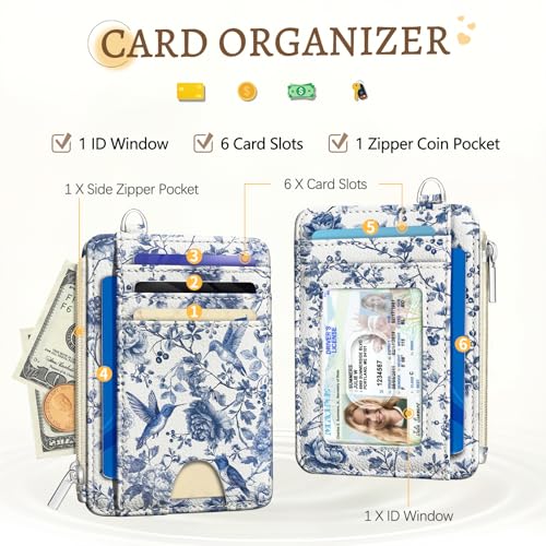 Kelvoris Credit Card Holder Small Wallet Women, Slim RFID, HummingBird | Keychain, Zipper Coin Pocket, Front Pocket Thin Travel Card Case, Minimalist, 6 Card Slots, 1 ID Window, Ladies Gifts Woman - color: Bird