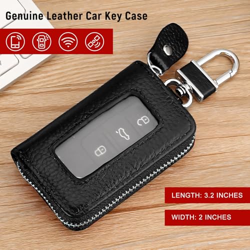 Car Key Fob Case, Remote Keys Storage Bag with Metal Hook & Transparent Window, Waterproof Leather Auto Key Fob Holder Keychain Zipper Bag for Women Men, Car Accessories (Black) - color: Black
