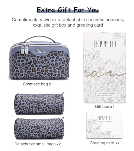 BOYATU Travel Makeup Bags Cosmetic Organizer Bag: 3 Pcs Set Large Capacity Make up Bag with Compartments - Waterproof Leather Toiletry Bags with Handle for Women (B-Light Blue) - color: B-Light Blue