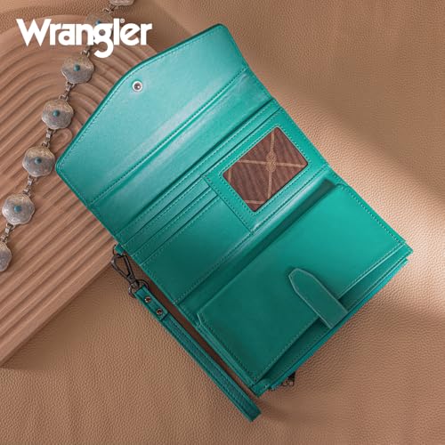 Montana West X Wrangler Womens Wallet Large Capacity Long Compact | Wrist Wallets for Women Ladies Female Card Cases Money Organizers Trifold Clutch with Rfid Lining and Wrist Strap Turquoise - color: Trifold-Turquoise