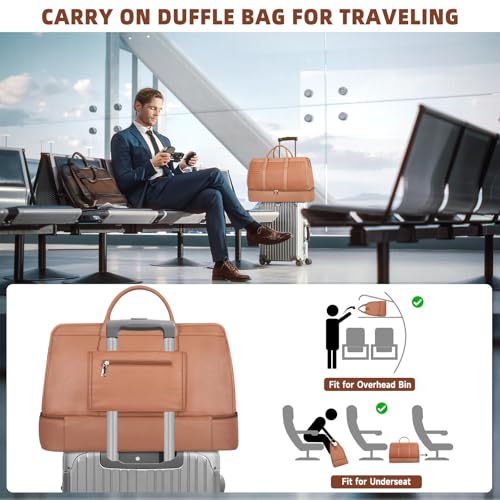 Bolosta Travel Duffle Bag for Men Women, PU Leather Duffel Bag for Traveling, Large Carry on Weekender Overnight Bag with Shoe Compartment, Perfect for Travel/Daily Use - color: C-Brown